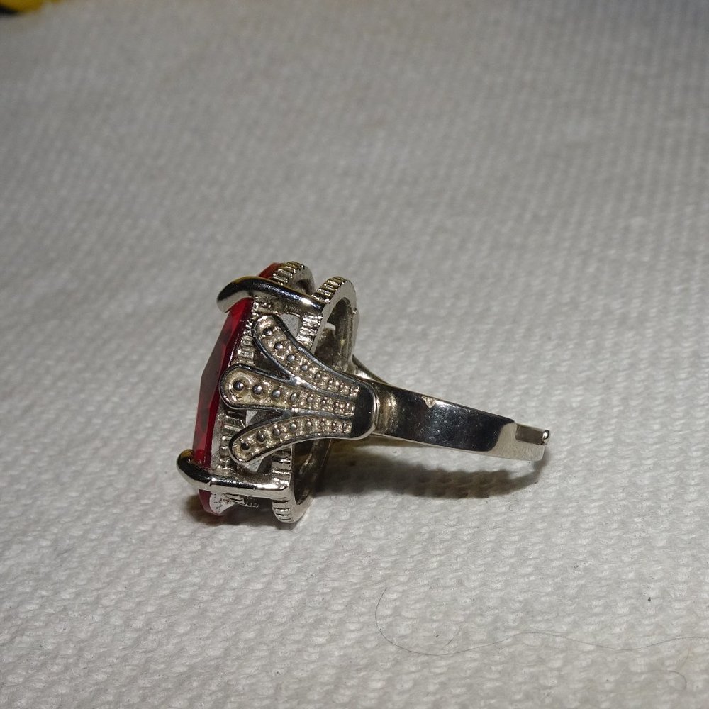 Red Rhinestone Silver Tone Adjustable Ring - image 3